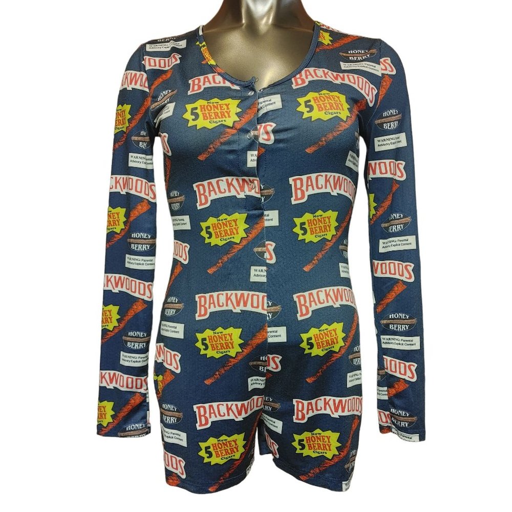 Backwoods Women's Navy Bodysuit Honey Berry Cigars Snap Front Romper Small